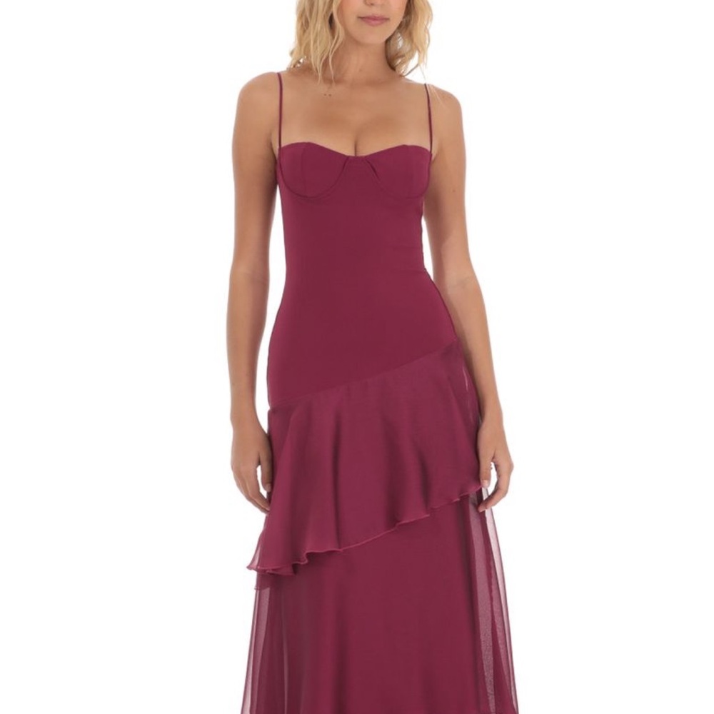 lucy in the sky long ruffle maxi dress in plum